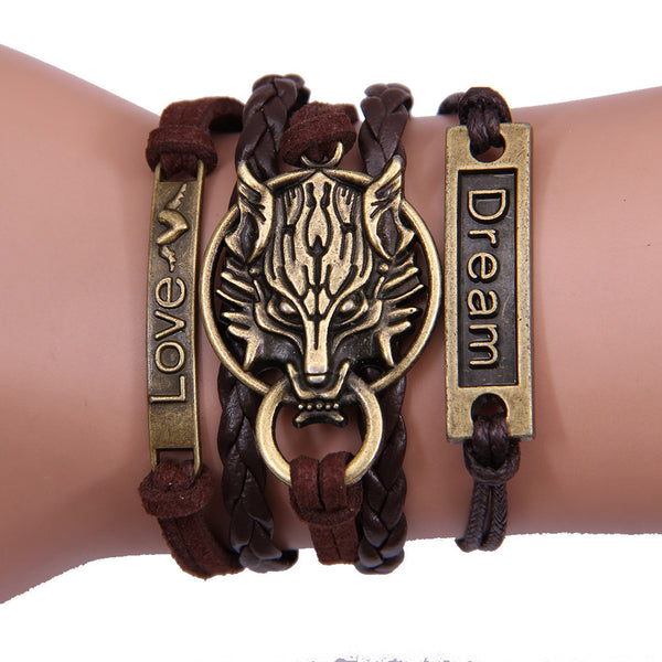 Fashion Braided Rope Multilayer Leather Womens Letter Retro Bracelet Gift
