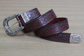 Woman's leather belt genuine pin buckle strap buckle cowhide trousers belt Vintage emboss flower belt Handmade cowboy belt's