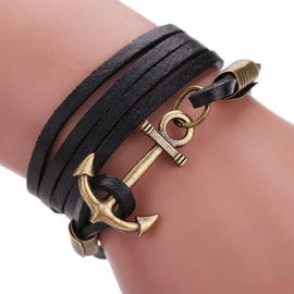 Multilayer Leather Handmade Rope Wristband Anchor Bracelet Bangle Black