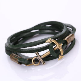 Multilayer Leather Handmade Rope Wristband Anchor Bracelet Bangle Black