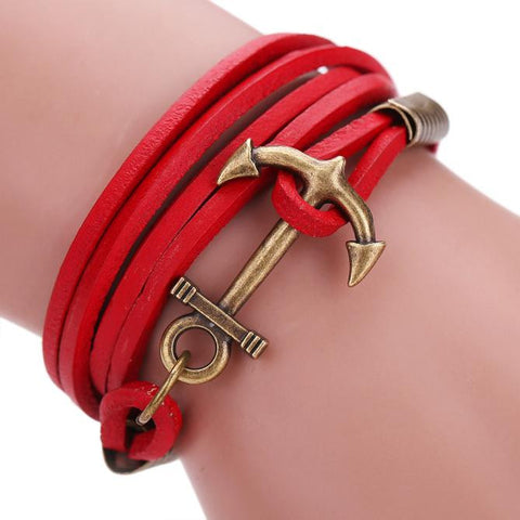 Multilayer Leather Handmade Rope Wristband Anchor Bracelet Bangle Black