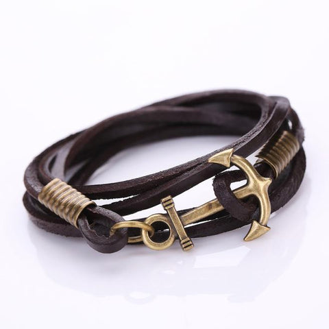 Multilayer Leather Handmade Rope Wristband Anchor Bracelet Bangle Black