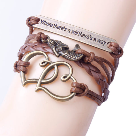 Mermaid Bracelet Vintage Bronze Coffee Rope Knit Heart Punk
