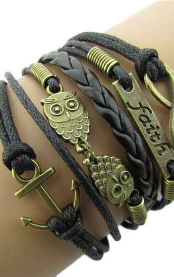 Antique Bronze Anchor Rudder Owl Charm Leather Rope Bracelet Wristband