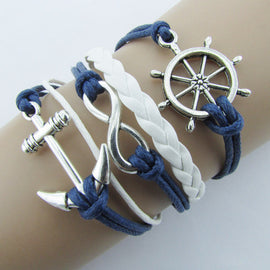 Silver Infinite Bracelet Nautical Rudder Anchor Blue Leather Rope Bangle