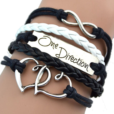 Vintage Bronze Double Heart One Direction Rope Leather Bracelet GN