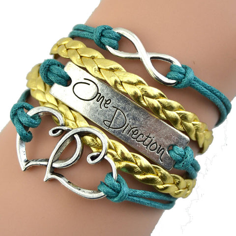 Vintage Bronze Double Heart One Direction Rope Leather Bracelet GN