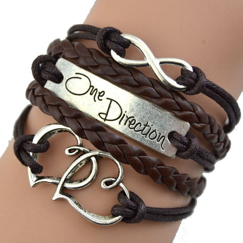 Vintage Bronze Double Heart One Direction Rope Leather Bracelet GN