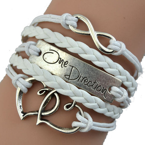 Vintage Bronze Double Heart One Direction Rope Leather Bracelet GN