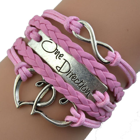 Vintage Bronze Double Heart One Direction Rope Leather Bracelet GN