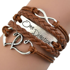Vintage Bronze Double Heart One Direction Rope Leather Bracelet GN