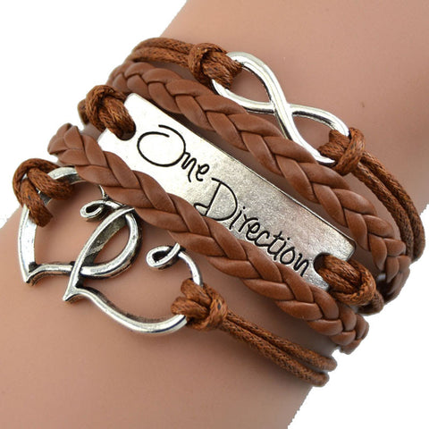 Vintage Bronze Double Heart One Direction Rope Leather Bracelet GN