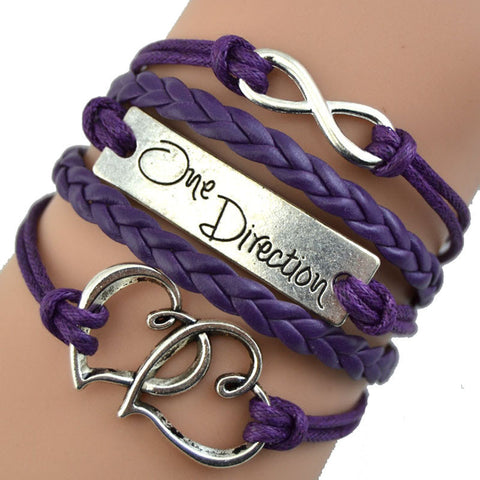 Vintage Bronze Double Heart One Direction Rope Leather Bracelet GN