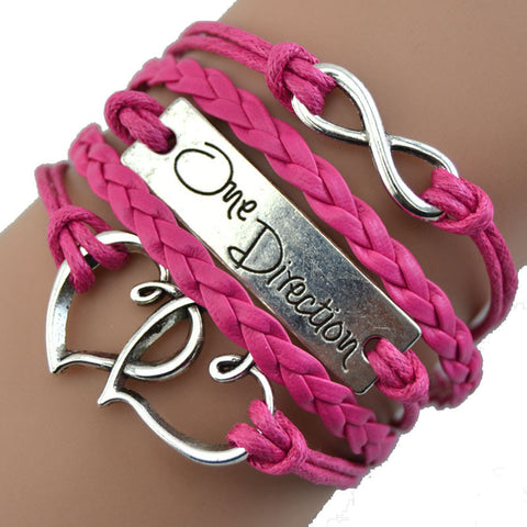 Vintage Bronze Double Heart One Direction Rope Leather Bracelet GN