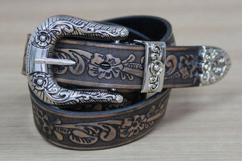 Woman's leather belt genuine pin buckle strap buckle cowhide trousers belt Vintage emboss flower belt Handmade cowboy belt's