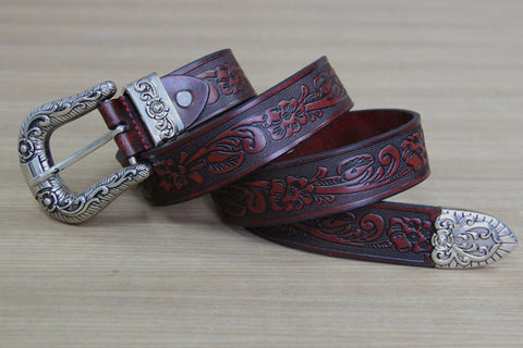 Woman's leather belt genuine pin buckle strap buckle cowhide trousers belt Vintage emboss flower belt Handmade cowboy belt's