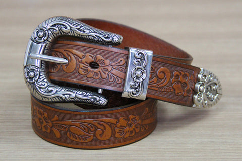 Woman's leather belt genuine pin buckle strap buckle cowhide trousers belt Vintage emboss flower belt Handmade cowboy belt's
